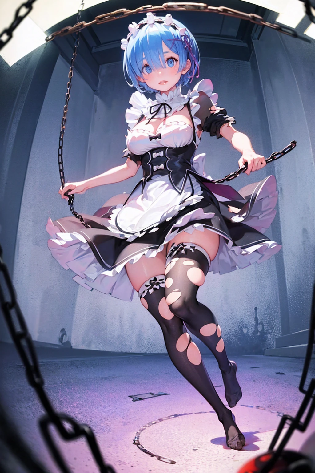 Rem tears off the chains、Plump、Show your pants、Fighting Pose、Weapons Morningstar、((Underground dungeon))、((The floor beneath my feet is crumbling))、((((Rem in chains)))),(((((Fisheye Lens)))))、((Super huge breasts))、(((Plump thighs)))、(((Rem from Re:Zero)))、looking at the camera、High qualityHigh quality、8ｋ、(((((Full body description)))))、Chest、Fantastic、(((((Torn maid uniform)))))、looking at the cameraで、barefoot、(((Tall Rem)))、Sweat splashes、Clothes are ripped off,(Torn knee-high socks)、