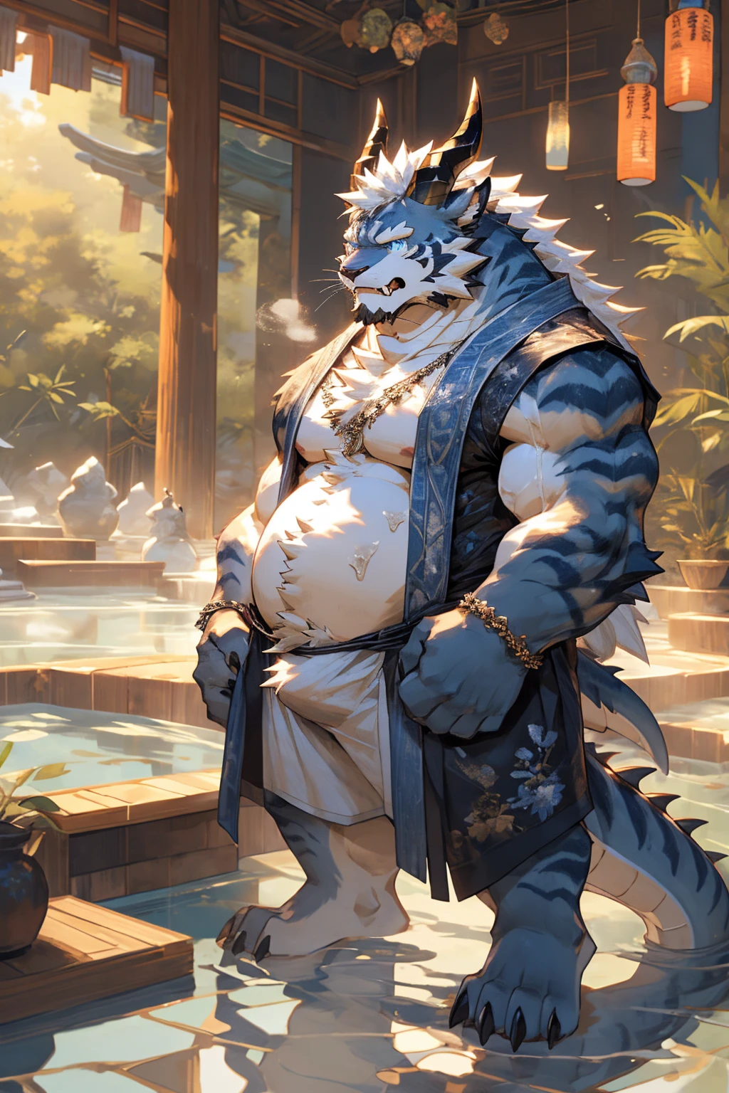 head、Animal cat face、A pair of dragon horns,Full body of fluffy white hair、Heavy breathing、Gnashing of teeth,Serious expression,Fluffy belly、wildcat、blue eyes,(contour)Full body covered with long white hair、Hairy body、Fangs、皇palace,palace,study,Sharp claws、Capture the composition of the whole body、(Messy 1.4),((naked)), (White bath towel),((Crotch bulge)),Standing by the hot spring,Ultra-clear,high quality