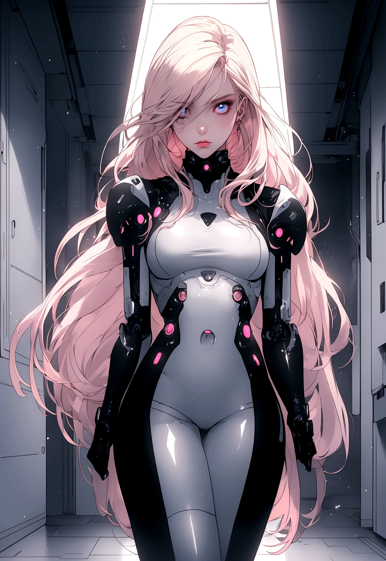 (masterpiece, 32k, 8k, white laboratory corridor setting, character walking towards the viewer) woman, 26 years old, naturally beautiful face, serious and empty expression, long blonde hair with pink highlights, tight black clothes in cyberpunk style, colored eyes different, one blue eye and the other gray eye
