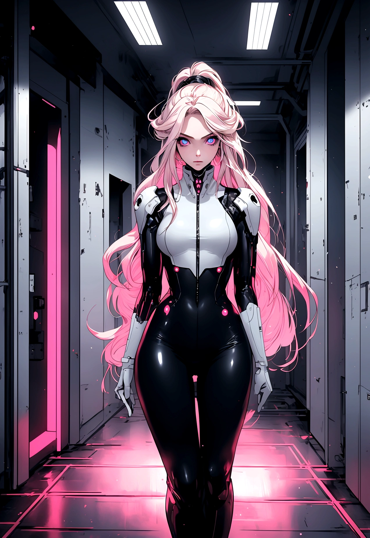 (masterpiece, 32k, 8k, white laboratory corridor setting, character walking towards the viewer) woman, 26 years old, naturally beautiful face, serious and empty expression, long blonde hair with pink highlights, tight black clothes in cyberpunk style, colored eyes different, one blue eye and the other gray eye
