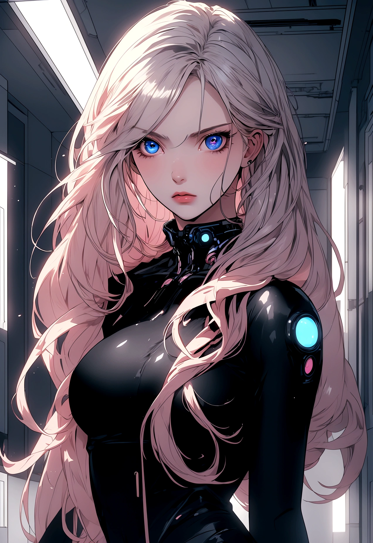 (masterpiece, 32k, 8k, white laboratory corridor setting, character walking towards the viewer) woman, 26 years old, naturally beautiful face, serious and empty expression, long blonde hair with pink highlights, tight black clothes in cyberpunk style, colored eyes different, one blue eye and the other gray eye