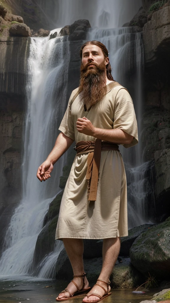 An image of a bearded man Matthew the disciple of God in an ancient era behind a waterfall and dressed in a tunic and sandals from the ancient era 