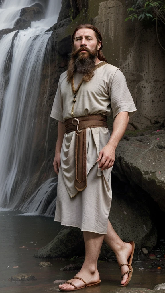 An image of a bearded man Matthew the disciple of God in an ancient era behind a waterfall and dressed in a tunic and sandals from the ancient era