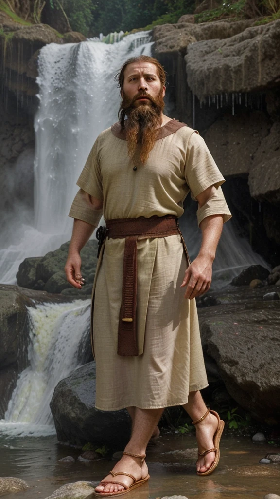 An image of a bearded man Matthew the disciple of God in an ancient era behind a waterfall and dressed in a tunic and sandals from the ancient era 