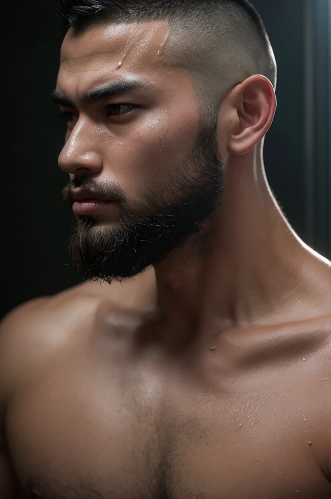 photorealistic, 2men, asian, gay couple, naked, shaved head, beard, sweat dripping, intertwining tongues, frottage, ultra detailed, 8k, hyper realistic, dramatic lighting, dynamic composition, cinematic, chiaroscuro, moody, dramatic, painterly, rich colors, depth of field