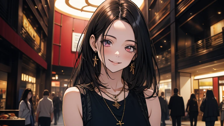 a girl with long black hair, pale skin, wearing a sleeveless black mini dress and a necklace, anime character,she is at work at the register, greeting customers with a forced smile. set against a colorful, busy shopping mall boutique store, ultra-detailed, 8k, photorealistic, portrait, dramatic lighting, cinematic, highly detailed face, elegant, intricate details, striking pose, vibrant colors, dramatic shadows, hyper-realistic, masterpiece