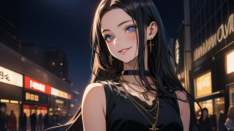 a girl with long black hair, pale skin, wearing a sleeveless black mini dress and a necklace, anime character,she is at work at the register, greeting customers with a forced smile. set against a colorful, busy shopping mall boutique store, ultra-detailed, 8k, photorealistic, portrait, dramatic lighting, cinematic, highly detailed face, elegant, intricate details, striking pose, vibrant colors, dramatic shadows, hyper-realistic, masterpiece