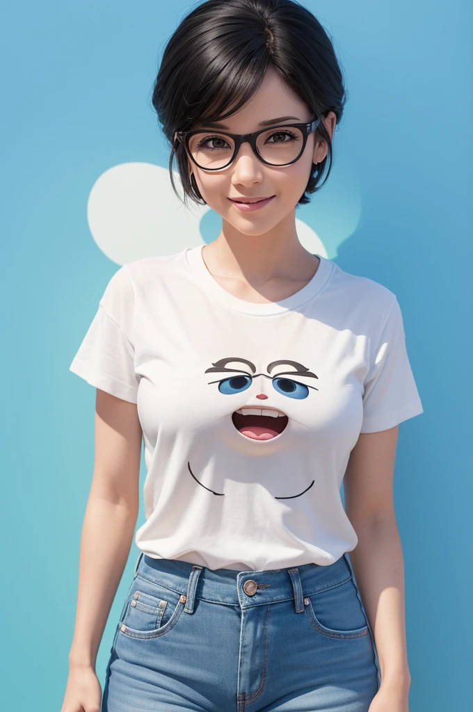 "Create a 3D animated character in the style of Pixar's Inside Out. The character is female, has medium height, black hair, and is wearing a white T-shirt, blue jeans, and white sneakers. She is happy, with a joyful and expressive face, and has natural skin color. The background is white and neutral, highlighting the character. The title 'Silvia Machado' is written in the font style of the Inside Out movie."