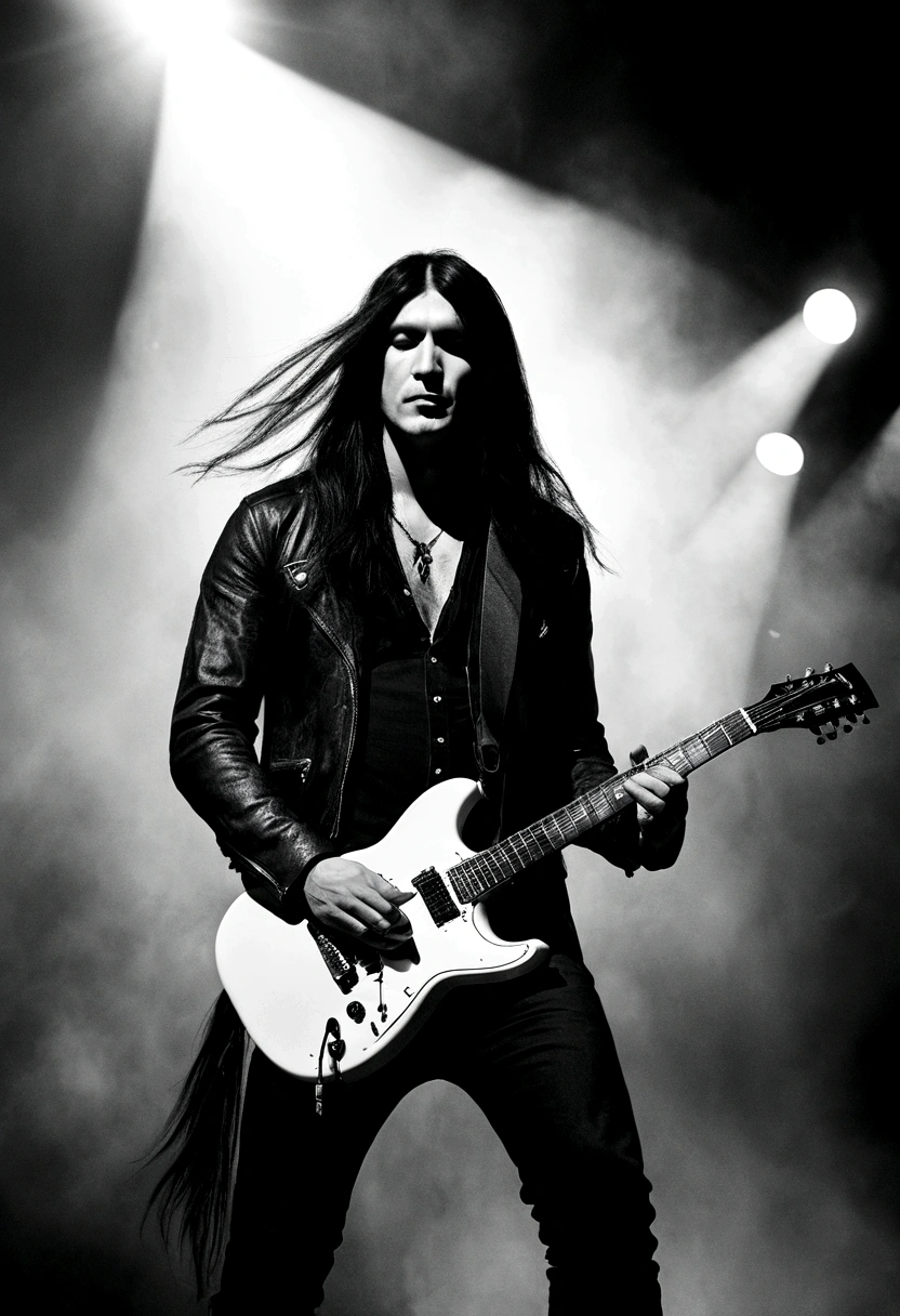 Turner Style, rock band. White Guitarist, tipis, Very long black hair, In love with his black and white electric guitar. Playing on a professional stage with lights, haze, Screens and pyrotechnics. super realistico , profesional lighting, oil painting, William Turner style
