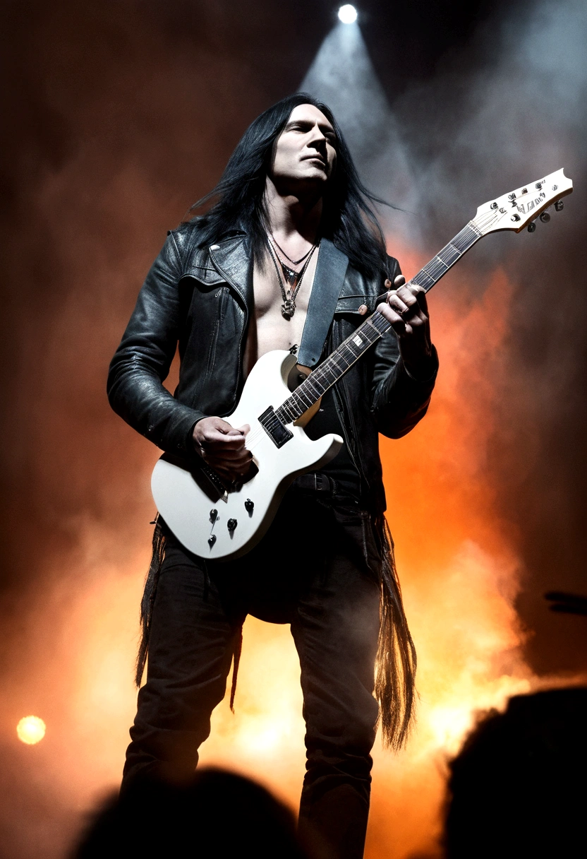 Turner Style, rock band. White Guitarist, tipis, Very long black hair, In love with his black and white electric guitar. Playing on a professional stage with lights, haze, Screens and pyrotechnics. super realistico , profesional lighting, oil painting, William Turner style