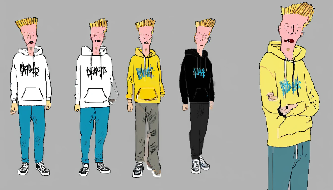 A portrait gesture study of a cartoon young nerd in a hoodie beavis and butthead style art, long pants and skater shoes, ms paint