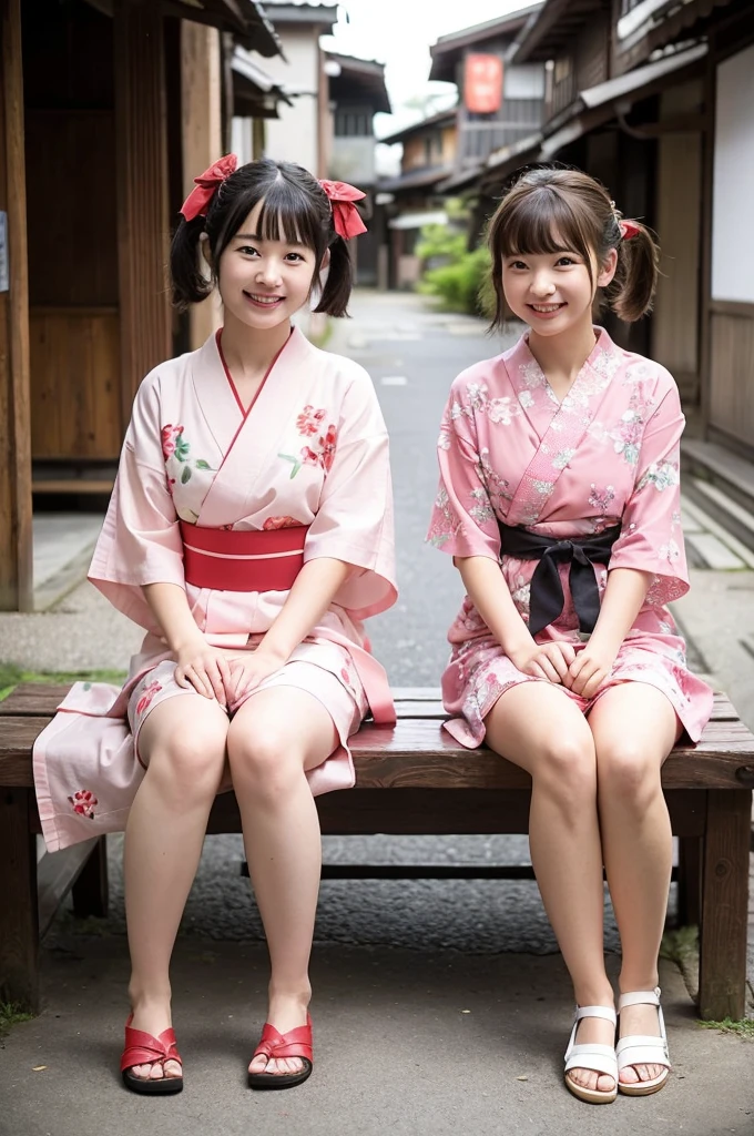 2 girls on wooden bench in old-Japanese street,floral pink yukata with red obi,18-year-old,bangs,a little smile,thighs,knees,short hair and low pigtails with red ribbon bow,from before,front light