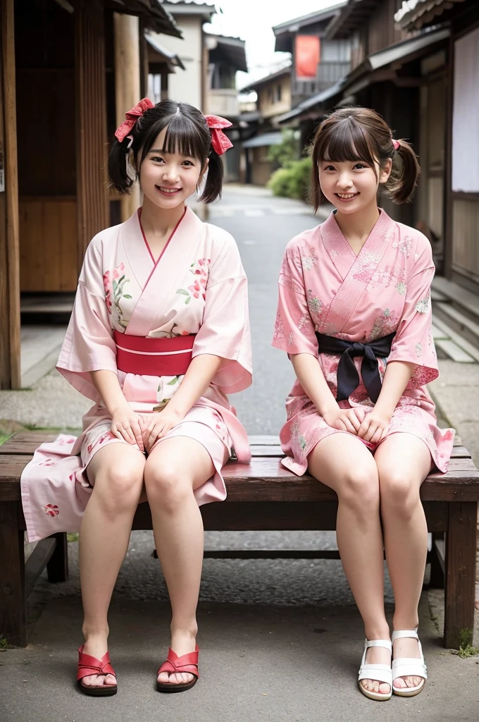 2 girls on wooden bench in old-Japanese street,floral pink yukata with red obi,18-year-old,bangs,a little smile,thighs,knees,short hair and low pigtails with red ribbon bow,from before,front light