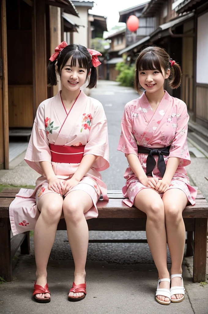 2 girls on wooden bench in old-Japanese street,floral pink yukata with red obi,18-year-old,bangs,a little smile,thighs,knees,short hair and low pigtails with red ribbon bow,from before,front light