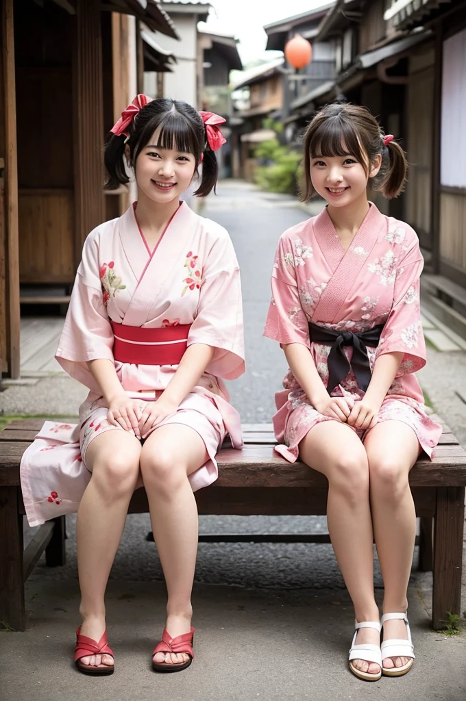 2 girls on wooden bench in old-Japanese street,floral pink yukata with red obi,18-year-old,bangs,a little smile,thighs,knees,short hair and low pigtails with red ribbon bow,from before,front light