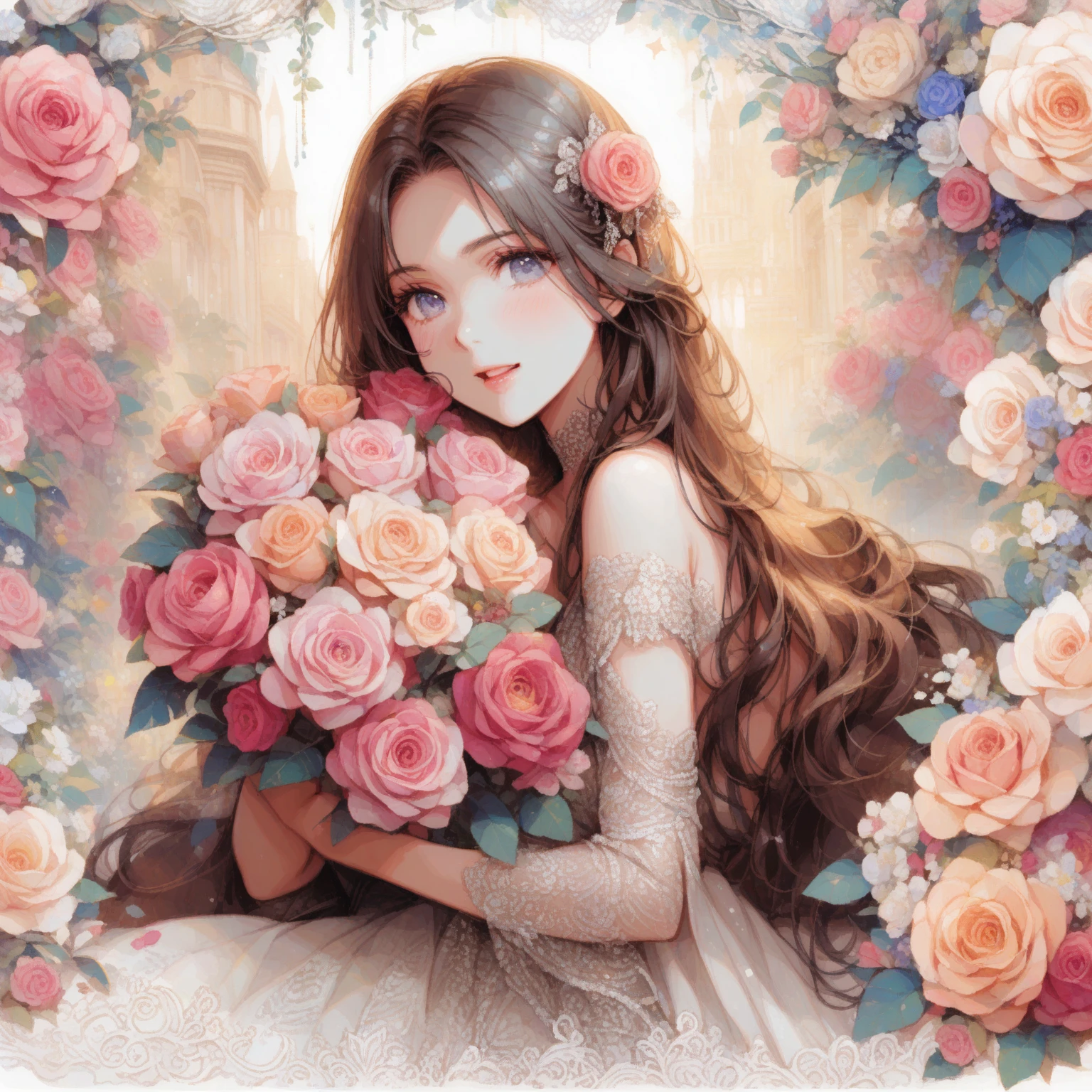 1girl、rose、Luxurious and gorgeous、「like」「beautiful」、tegaki