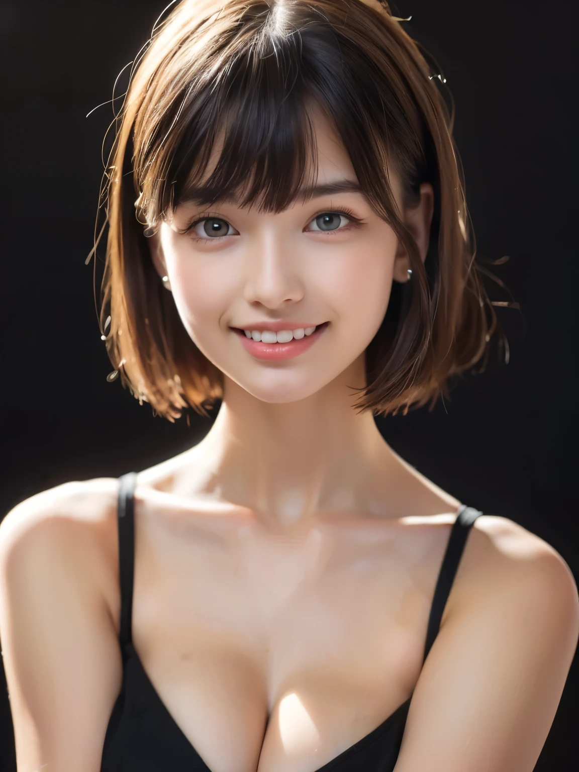 (SFW:1.5),(masterpiece, best quality),1 girl, Cute beauties、alone, looking at the audience, Pure white shiny short bob hair with vivid details:1.4, Short hair:1.8、beautiful symmetrical face、Beautiful and attractive woman、go for it, Lips, forehead, outdoor, Shut up, upper body、big eyes、Eyelashes、((very simple black background:1.8))、(((looking at the audience、show me your ears、long neck、laugh、laugh)))、ideal body type、(((Huge big , split:1.6、Happy laugh、beautiful teeth)))、(((anatomically correct:1.5)))、(perfect body proportions)、(natural hands、natural hands가락)、 ((round face)), realistic eye size, big eyes、droopy eyes
