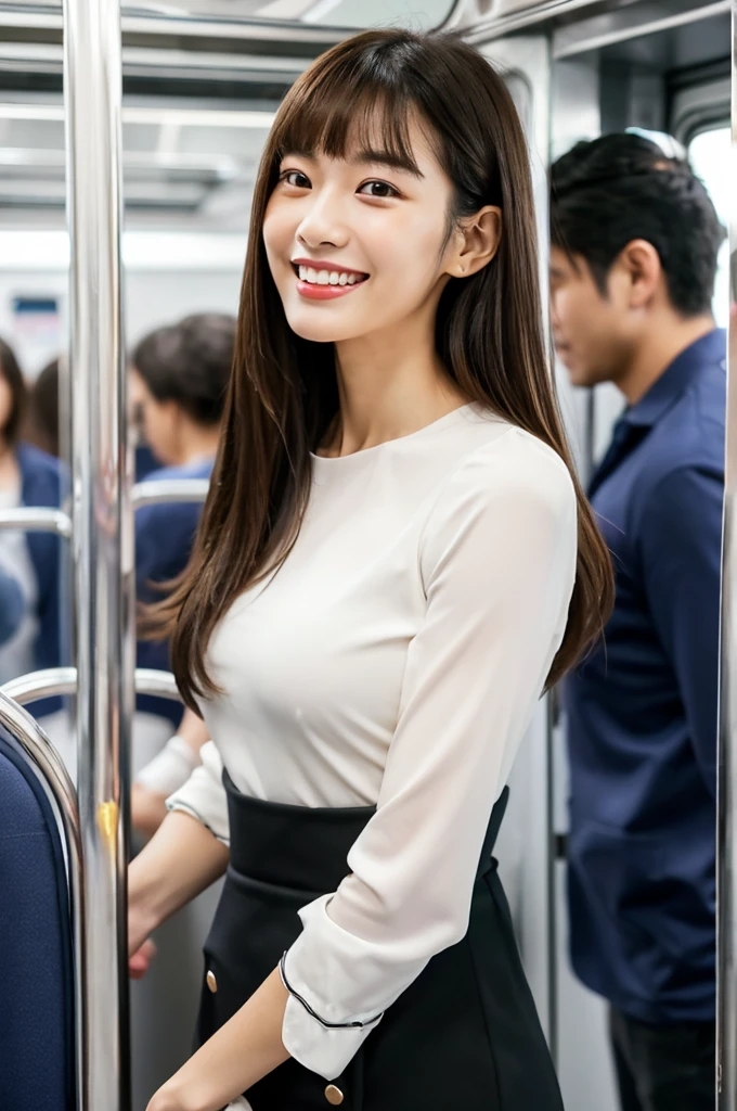 A packed train, an office lady on her way to work, ((full body)), ((photo)), ((best qualtiy, 8K, tmasterpiece:1.3)), Focus:1.2, perfect figure beautiful girl:1.4, 1girl, cowboy shot, look at viewer, incredibly absurd, beautiful and cute girl with a photorealistic face, showcasing top-quality craftsmanship, A Japanese woman looking cramped on a crowded train, 20 years old, long dark brown hair that falls to her shoulders, long shiny hair, with bangs, side parted hairstyle, brown eyes, round face, small nose, cherry red lips, bright smile, white teeth, smooth skin, healthy complexion, small ears, natural eyebrows, long eyelashes, slim, well-balanced proportions, moderate muscle, slim waist, round hips, supple limbs, short nails, beautiful C cup breasts, white blouse, black tight skirt, heeled pumps, silver necklace and bracelet, black belt, pretty older woman, beautiful, neat, soothing, cute voice, polite, kind-hearted, responsible, positive, optimistic, sociable, good communication skills, April