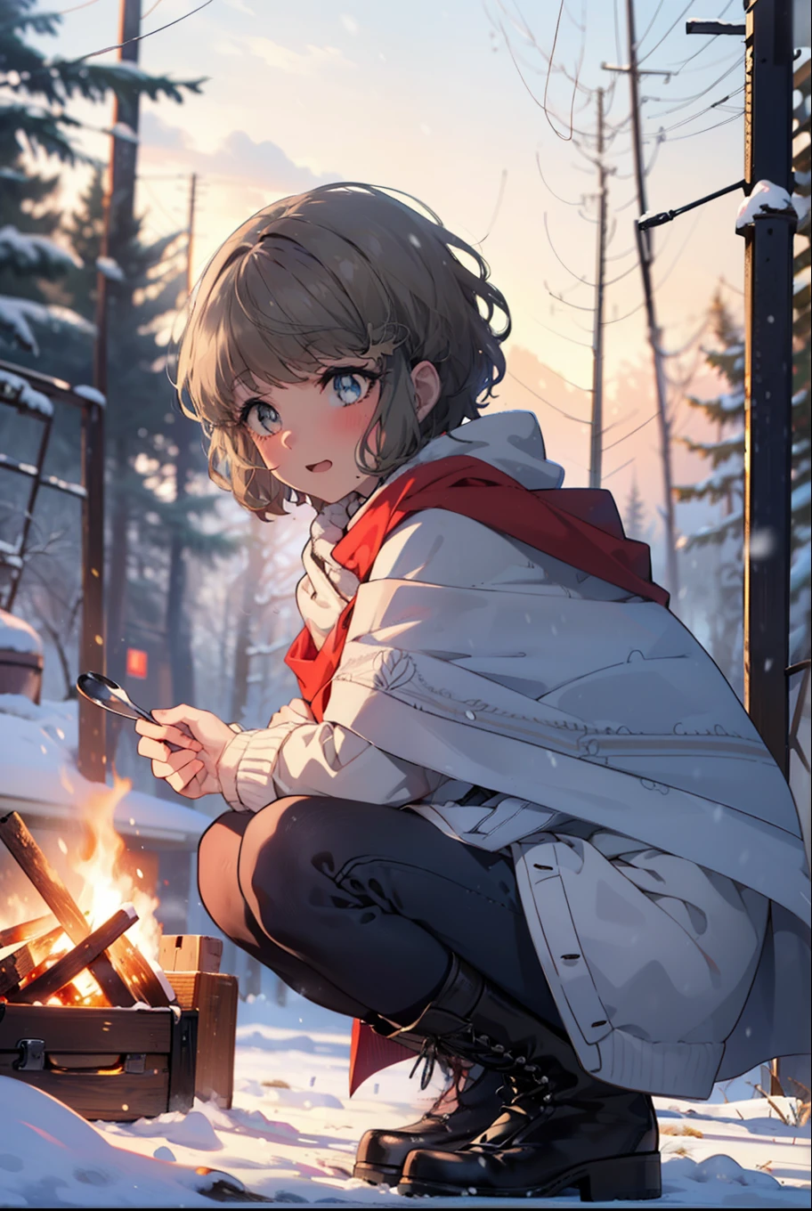 tomoekoga, Chie Koga, short hair, Brown Hair, blue eyes, hair band,smile,blush,White Breath,Medium Chest,
Open your mouth,snow,Ground bonfire, Outdoor, boots, snowing, From the side, wood, suitcase, Cape, Blurred, having meal, forest, White handbag, nature, Squat, Mouth closed, Cape, winter, Written boundary depth, Black shoes, red Cape break looking at viewer, Upper Body, whole body, break Outdoor, forest, nature, break (masterpiece:1.2), Highest quality, High resolution, unity 8k wallpaper, (shape:0.8), (Beautiful and beautiful eyes:1.6), Highly detailed face, Perfect lighting, Highly detailed CG, (Perfect hands, Perfect Anatomy),