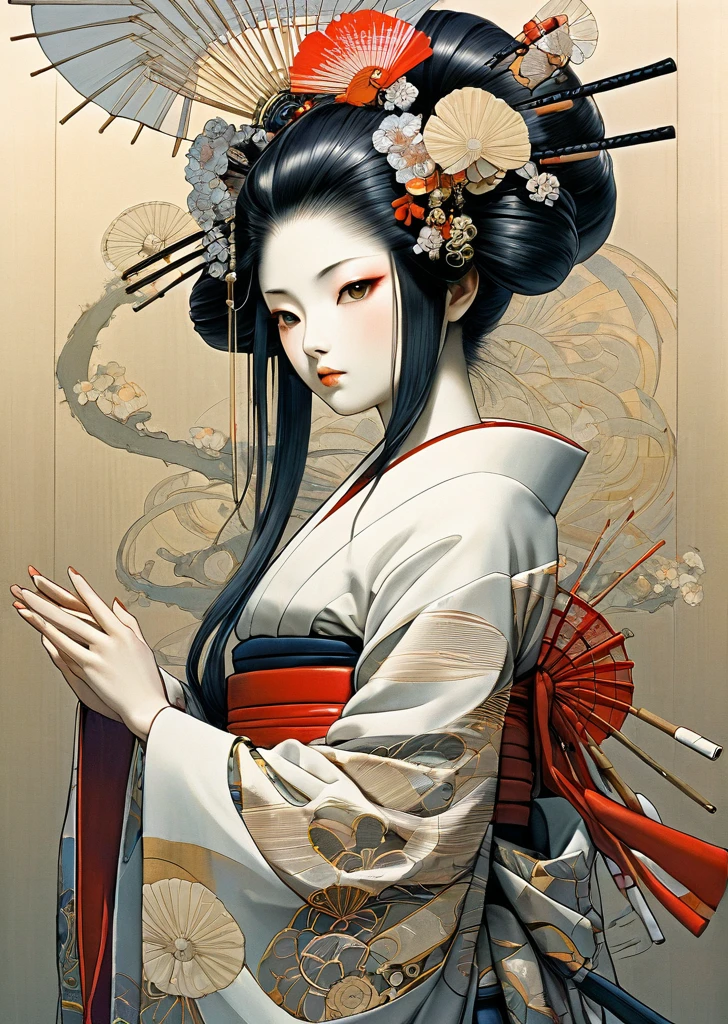1 girl
mechanical arms
geisha
kimono
(art by Yoshitaka Amano )