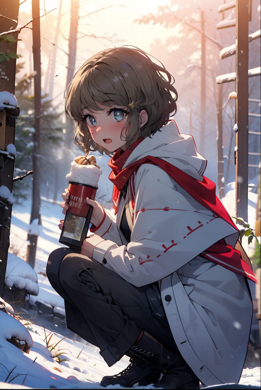 tomoekoga, Chie Koga, short hair, Brown Hair, blue eyes, hair band,smile,blush,White Breath,Medium Chest,
Open your mouth,snow,Ground bonfire, Outdoor, boots, snowing, From the side, wood, suitcase, Cape, Blurred, having meal, forest, White handbag, nature,  Squat, Mouth closed, Cape, winter, Written boundary depth, Black shoes, red Cape break looking at viewer, Upper Body, whole body, break Outdoor, forest, nature, break (masterpiece:1.2), Highest quality, High resolution, unity 8k wallpaper, (shape:0.8), (Beautiful and beautiful eyes:1.6), Highly detailed face, Perfect lighting, Highly detailed CG, (Perfect hands, Perfect Anatomy),