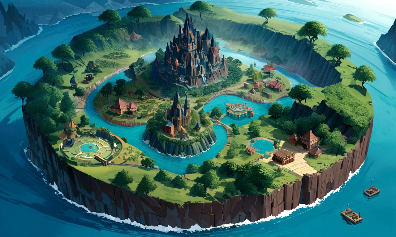 There is an island in the shape of a musical note,A 3D jungle in the shape of a Neverland note, Island Background, Tran Ross. Landscape background, Dark Drawing, Epic painting of the island, Isometric Game Art, Highly detailed 4k digital art, 8k high quality detailed artwork, Isometric fantasy map