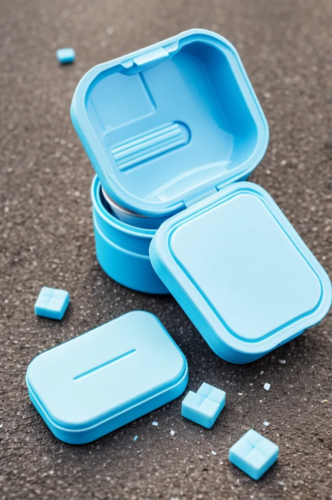 An open chewing gum can with baby blue chewing gum falling out and on the pack it says Magic DNA gum