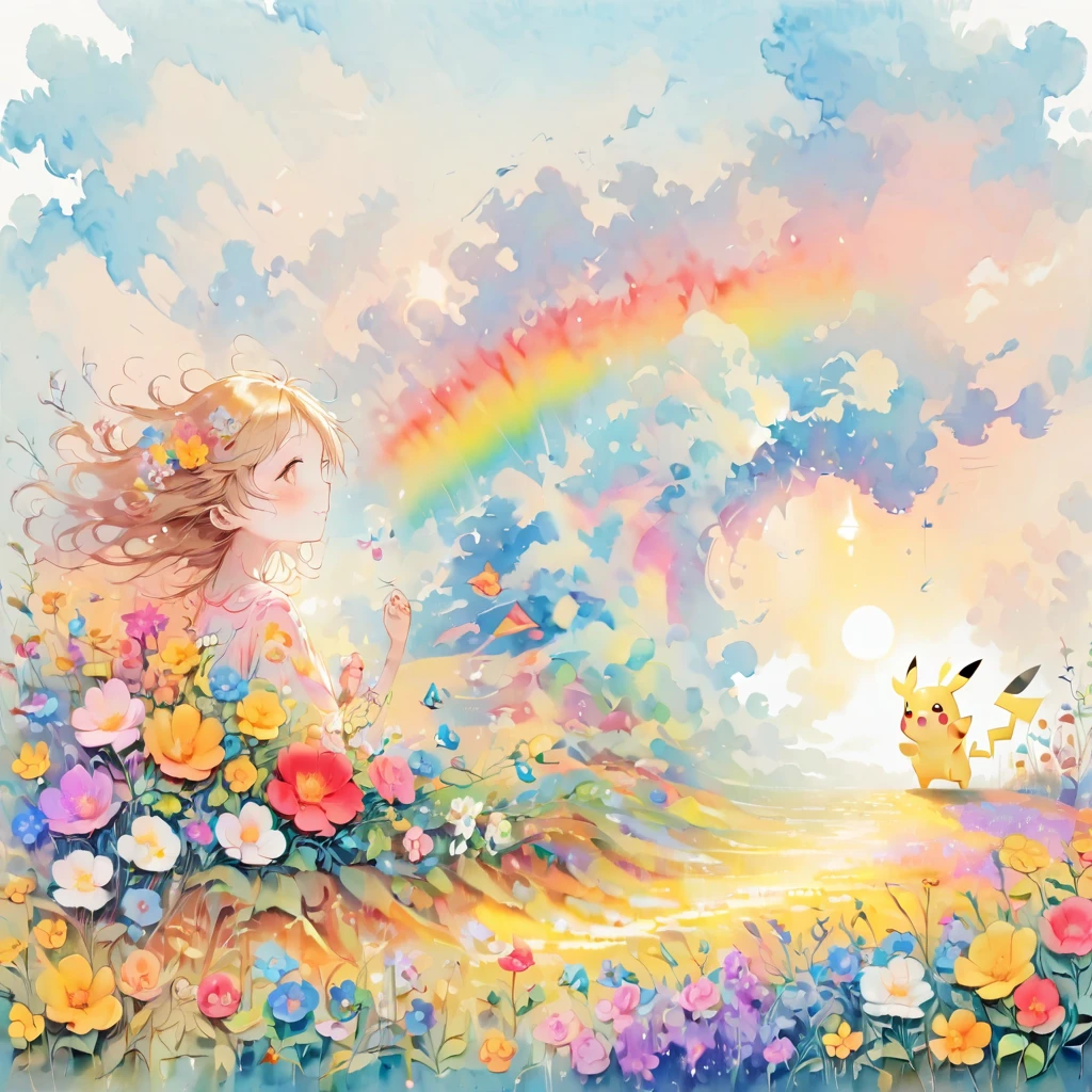 cute scene featuring Pikachu interacting with a rainbow. Use a bright and cheerful color palette with soft, painterly strokes. Pikachu should be standing joyfully at the end of a vibrant rainbow, surrounded by a field of blooming flowers and a clear blue sky. Include elements like fluffy white clouds and sun rays shining down to create a whimsical and enchanting atmosphere. The overall vibe should be warm and heartwarming, capturing the playful and magical essence of Pikachu and the rainbow.