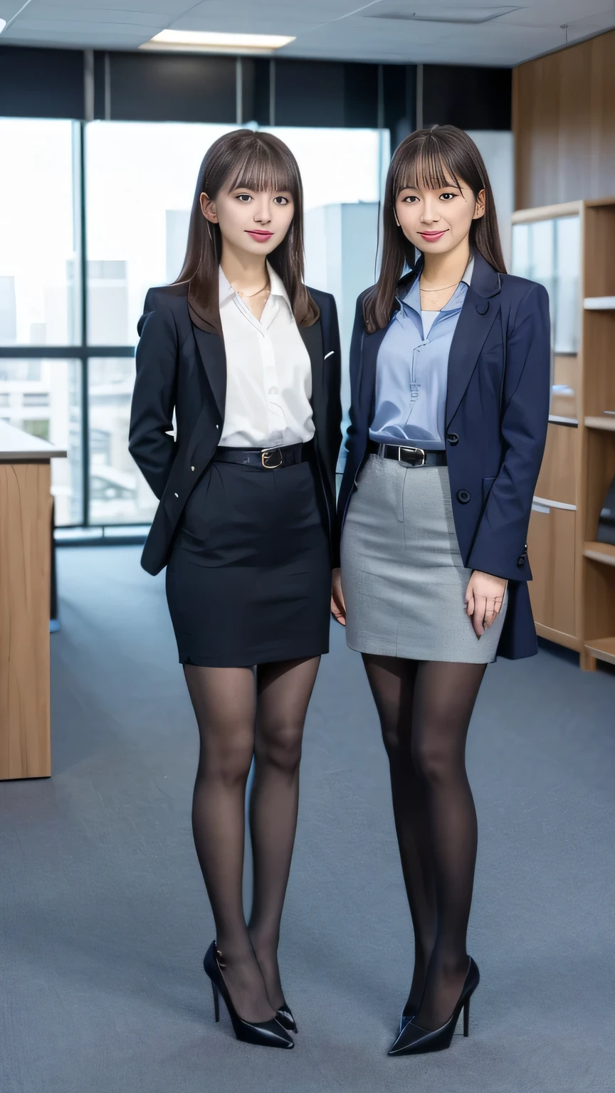 Highest quality, masterpiece, Realistic, Very detailed, Ultra-high resolution, to be born:1.3), (Two women standing side by side 1.5), beautiful, （tights、pumps） 28 years old, office workers, violet| Sky blue} Clothes), (smile), (bangs), high waist, necklace, (office, indoor, ), (Long legs, High heels, whole body:1.2), (Medium Chest:1.3), (crowd)tights、