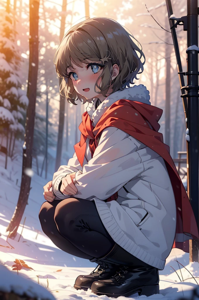 tomoekoga, Chie Koga, short hair, Brown Hair, blue eyes, hair band,smile,blush,White Breath,Medium Chest,
Open your mouth,snow,Ground bonfire, Outdoor, boots, snowing, From the side, wood, suitcase, Cape, Blurred, having meal, forest, White handbag, nature, Squat, Mouth closed, Cape, winter, Written boundary depth, Black shoes, red Cape break looking at viewer, Upper Body, whole body, break Outdoor, forest, nature, break (masterpiece:1.2), Highest quality, High resolution, unity 8k wallpaper, (shape:0.8), (Beautiful and beautiful eyes:1.6), Highly detailed face, Perfect lighting, Highly detailed CG, (Perfect hands, Perfect Anatomy),
