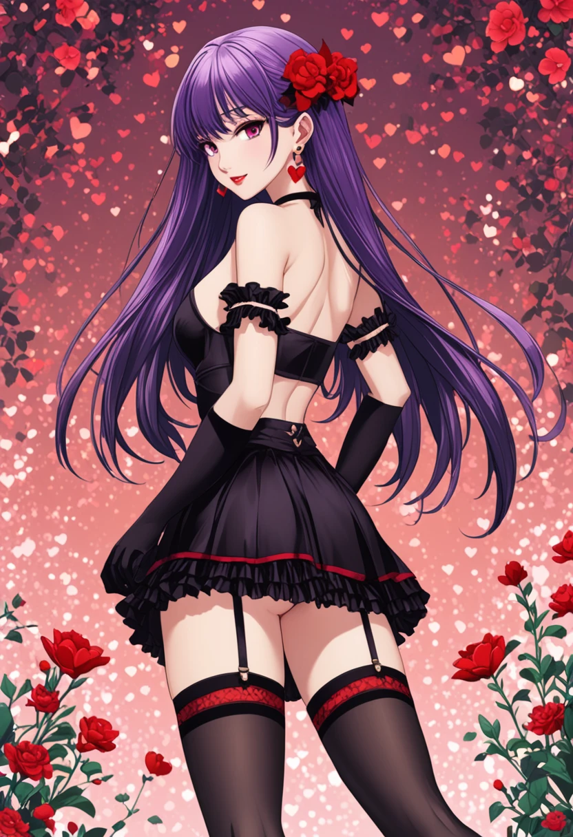 (anime, masterpiece, intricate:1.1), summer aestetic background, comics_darkstalkers_morrigan_aensland, 1girl, Slender hips, slim stomach, thin waist, sexy posing, aesthetically pleasing rear view, looking at viewer, medium breasts, slim body, violet hair, violet eyes, skimpy black silk dress, long hair, black garter stockings, symmetrical stocking size, very short mini skirt, lingerie, heart shaped earrings, girly decorations, solo, flowers, modest smile, bright red lipstick, painted nails (red), from behind