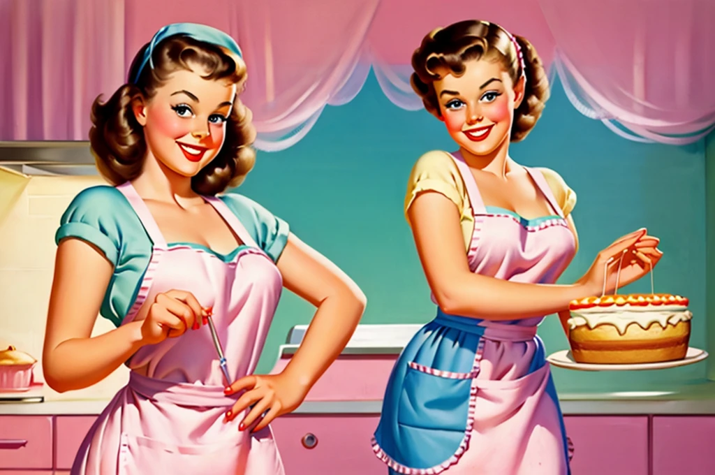 brunette pinup girl takes a cake out of the oven in a pinup style apron beautiful smile beautiful bakery bright light colors pastel