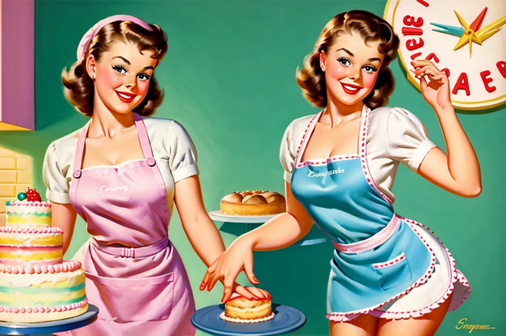 brunette pinup girl takes a cake out of the oven in a pinup style apron beautiful smile beautiful bakery bright light colors pastel