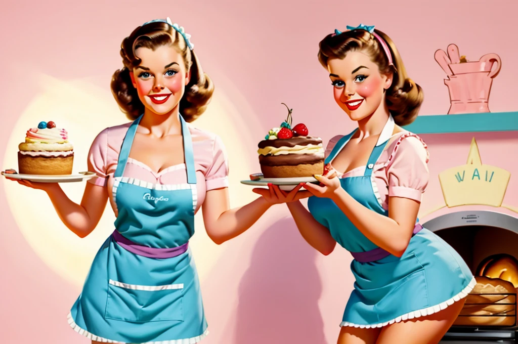 brunette pinup girl takes a cake out of the oven in a pinup style apron beautiful smile beautiful bakery bright light colors pastel