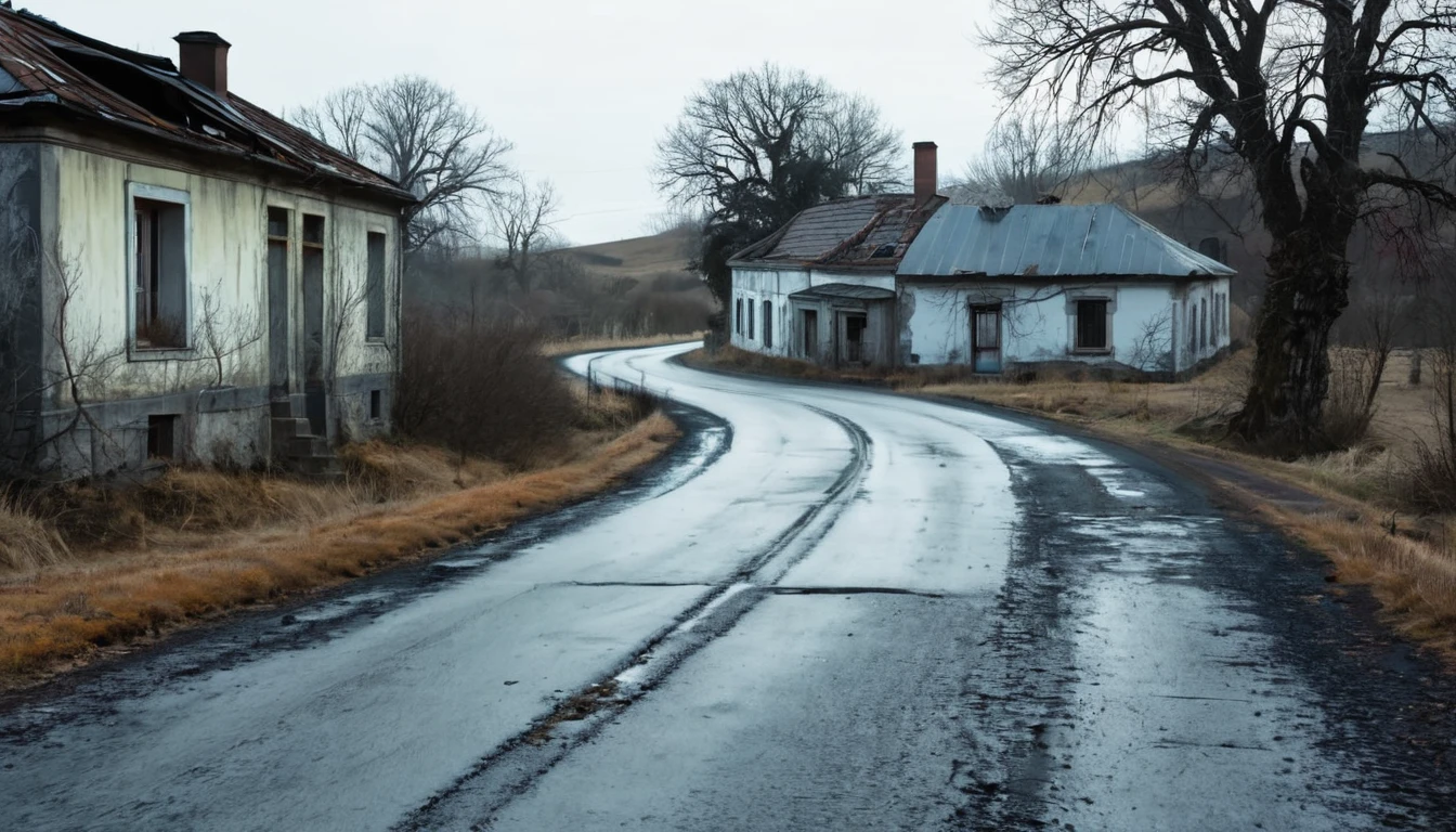 car running, asphalt road, abandoned and old houses in the landscape, afternoon, eerie environment