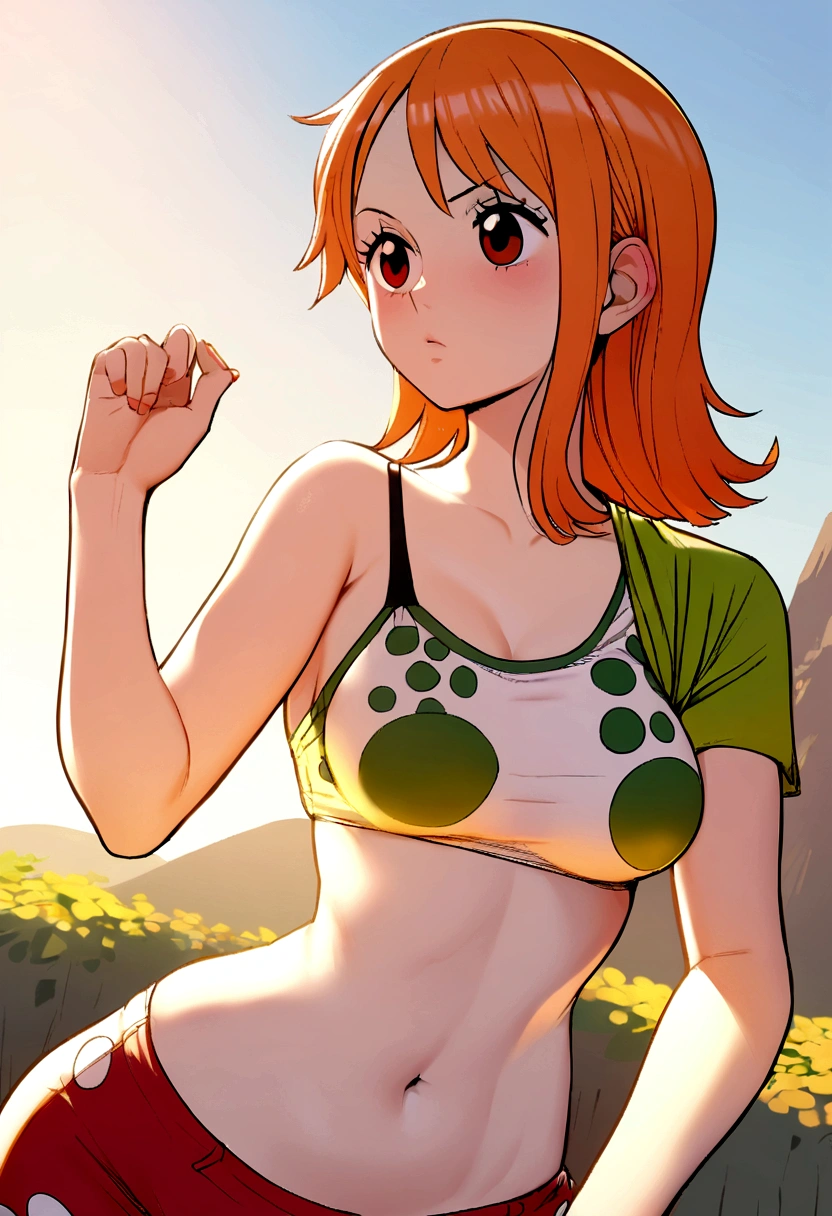 1girl, nami one piece, egghead island clothing, hot weather