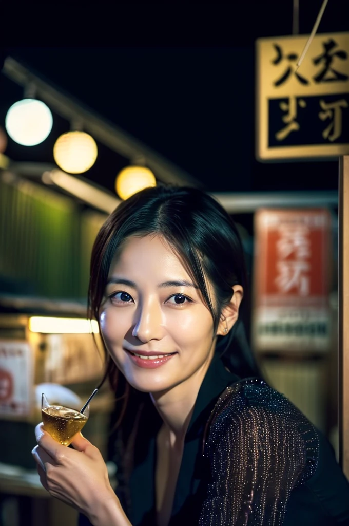 Ultra-realistic front-on portraits taken by a professional photographer。7 heads、((Highest quality)), ((masterpiece)), (detailed), (midnight ,A Tokyo food stall in the dark under a new moon and light rain, Low Key Lighting:1.6)、(looking at viewer, Staring Intently , leaning forward:1.2), (hands on groin:1.6) , A very beautiful, extremely elegant and intelligent 42 year old Japanese woman.。Very intelligent and goddess-like face。(An extremely elegant, calm and modest smile, Being drunk、My eyes are watering、I'm lustful、embarrassed ,blush,Voluptuous body:1.5)、A short, well-groomed, shiny black haircut。The skin is white and very smooth。(A simple business short-sleeved open-neck shirt in a very thin white fabric with a wide, deep neckline.:1.3)。 (Tokyo in the extremely hot and rainy summer、I'm pretty sweaty、Her clothes were soaking wet, and through the extremely thin fabric her skin and navy blue, lacy, high-end underwear were clearly visible.:1.9)。(A long navy pencil skirt with a long slit in the front,The clothes fit the body very well:1.8), (The line of the chest, collarbone and décolletage are extremely beautiful.:1.9)。She is looking straight at the camera with a very shy look on her face.。Light makeup and no piercings,