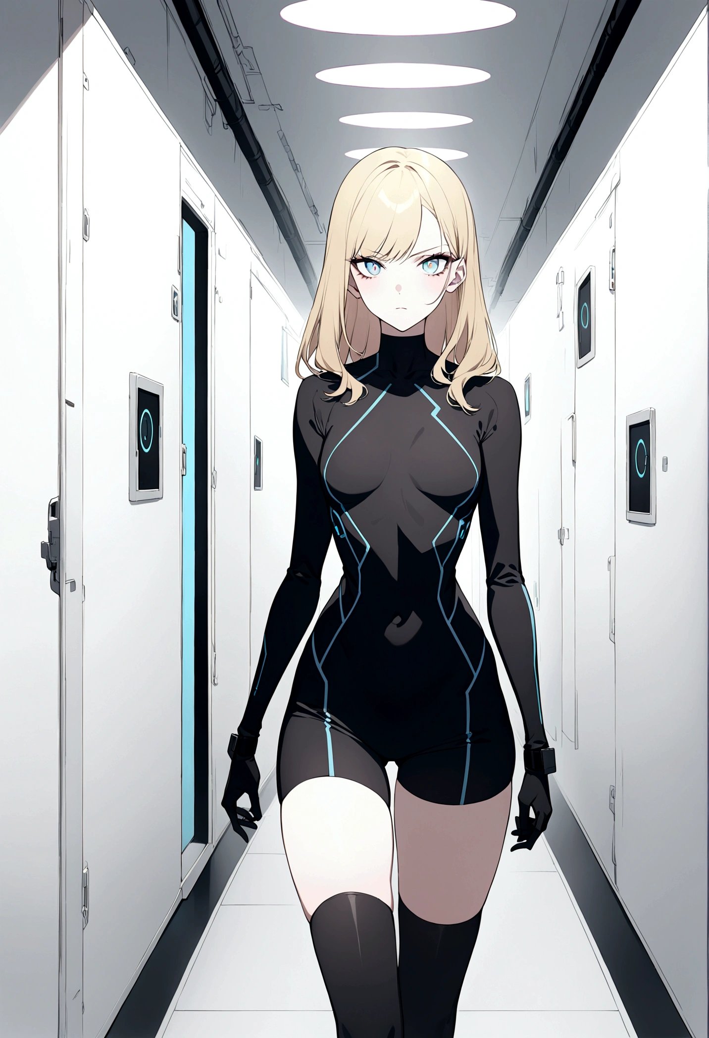 (masterpiece, 32k, 8k, white laboratory corridor setting, character walking towards the viewer) woman, 26 years old, naturally beautiful face, serious and empty expression, long blonde hair with pink highlights, tight black clothes in cyberpunk style, colored eyes different, one blue eye and the other gray eye