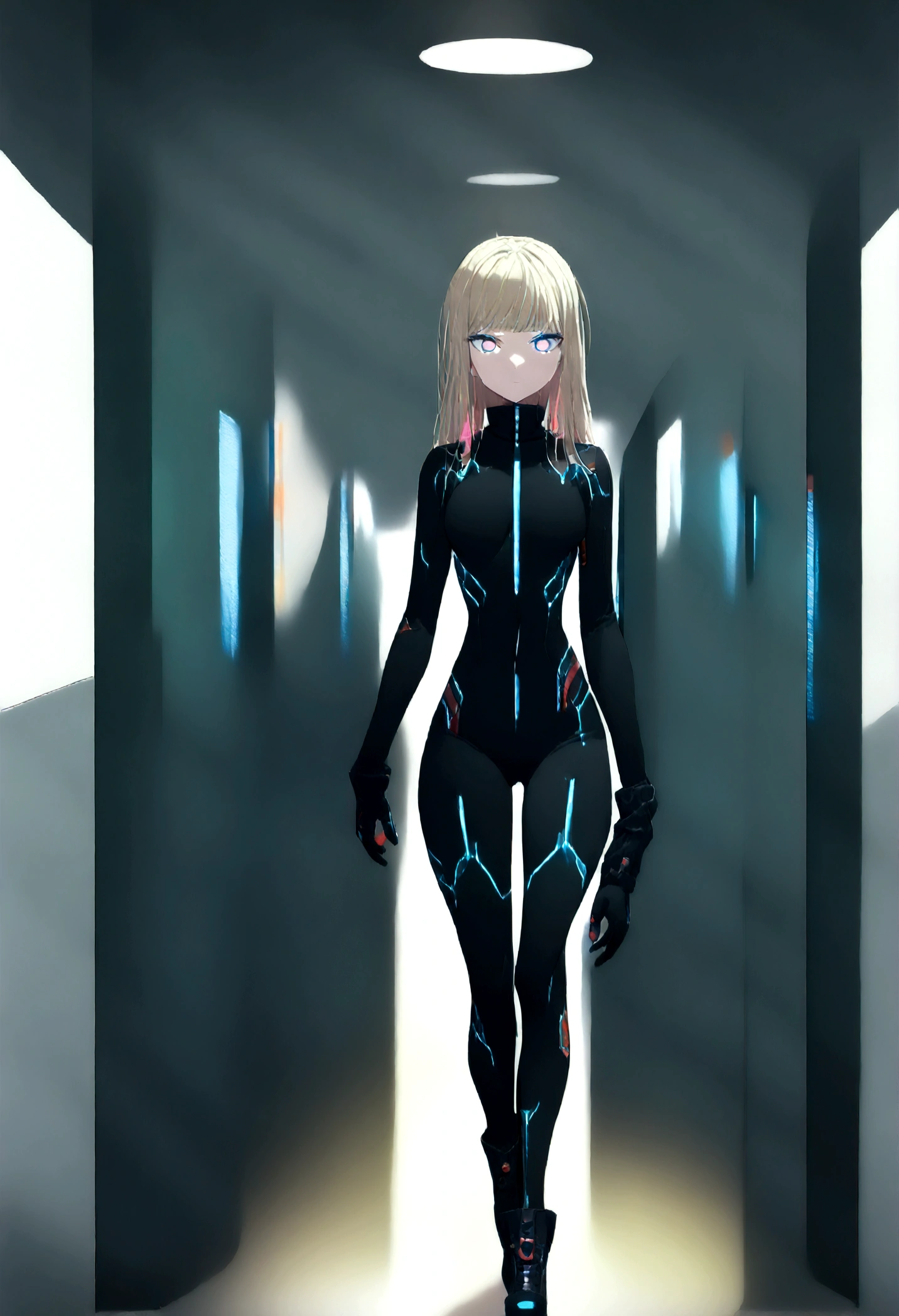 (masterpiece, 32k, 8k, white laboratory corridor setting, character walking towards the viewer) woman, 26 years old, naturally beautiful face, serious and empty expression, long blonde hair with pink highlights, tight black clothes in cyberpunk style, colored eyes different, one blue eye and the other gray eye