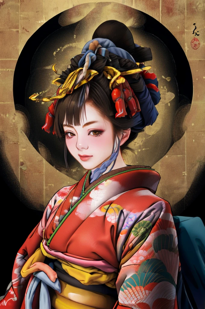 1 Girl, alone, Oiran, Maiko, country, Looking at the audience, short hair, Brown eyes, Brown Hair, Black Hair, hair ornaments, Upper Body, kimono, Blunt bangs, kimono, sash, Compensate, Bob cut hair,
