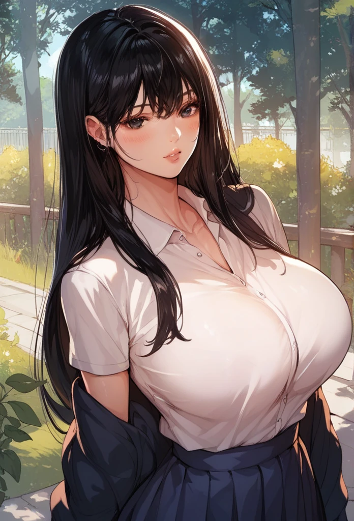 nari, black eyes, black hair, long hair, big breasts, school dress