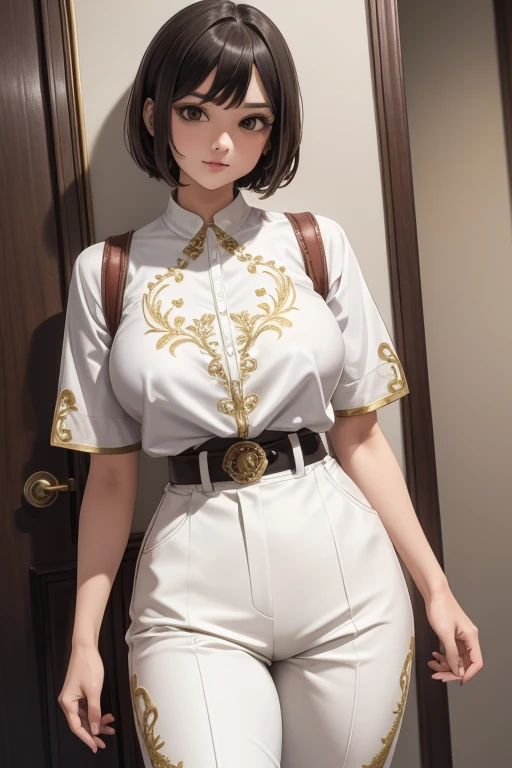 cutie, short brown hair, Brown eyes, white clothes, embroidered with beautiful intricate gold embroidery, big breasts, black belt, short white trousers,