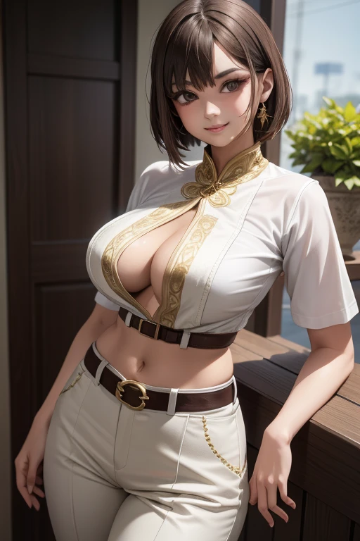 cutie, short brown hair, Brown eyes, white clothes, embroidered with beautiful intricate gold embroidery, big breasts, black belt, short white trousers,