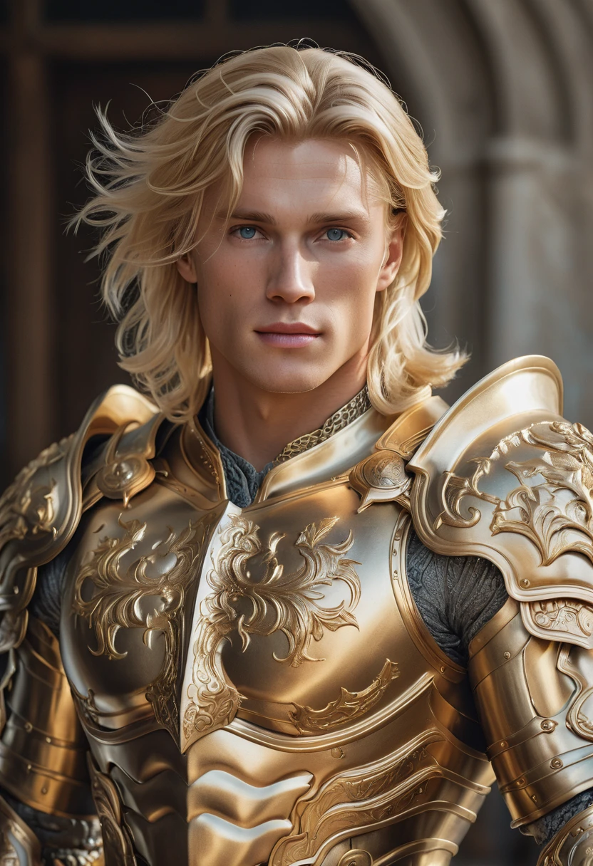 extremely handsome blond man, amazing quality, masterpiece, best quality, hyper detailed, ultra detailed, UHD, perfect anatomy, model, stylish pose, wearing fantastic armor, gold armor, full-body armor, blond hair, extremely detailed, Nordic man,
