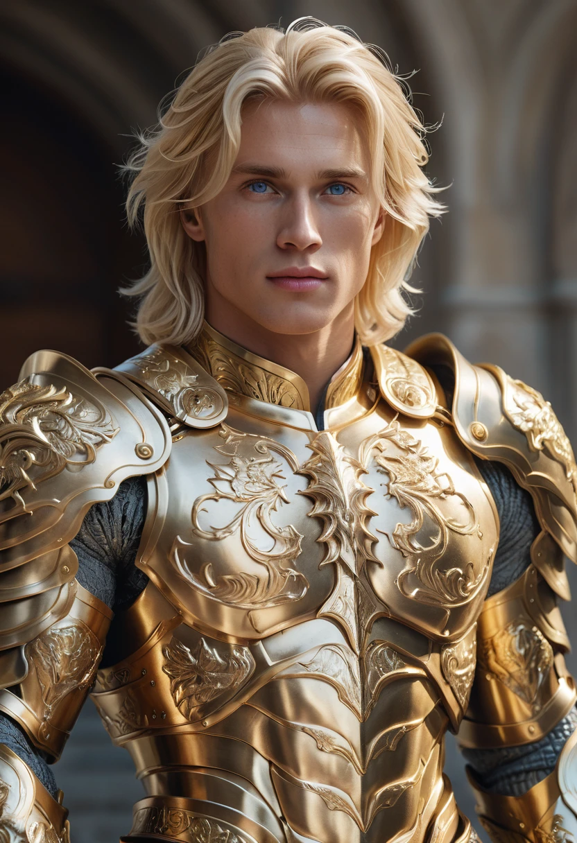 extremely handsome blond man, amazing quality, masterpiece, best quality, hyper detailed, ultra detailed, UHD, perfect anatomy, model, stylish pose, wearing fantastic armor, gold armor, full-body armor, blond hair, extremely detailed, Nordic man,
