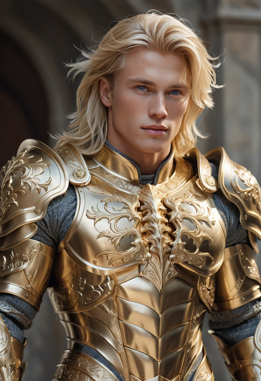 extremely handsome blond man, amazing quality, masterpiece, best quality, hyper detailed, ultra detailed, UHD, perfect anatomy, model, stylish pose, wearing fantastic armor, gold armor, full-body armor, blond hair, extremely detailed, Nordic man,
