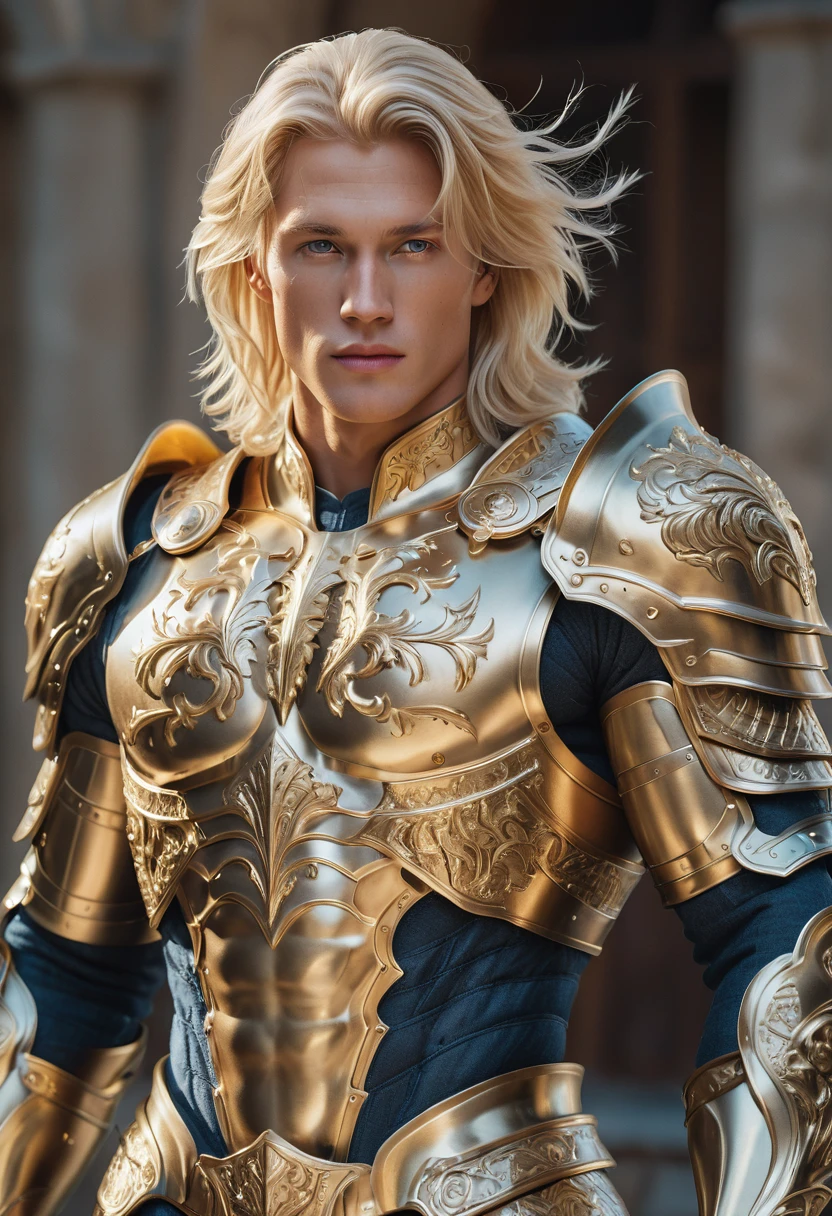 extremely handsome blond man, amazing quality, masterpiece, best quality, hyper detailed, ultra detailed, UHD, perfect anatomy, model, stylish pose, wearing fantastic armor, gold armor, full-body armor, blond hair, extremely detailed, Nordic man,
