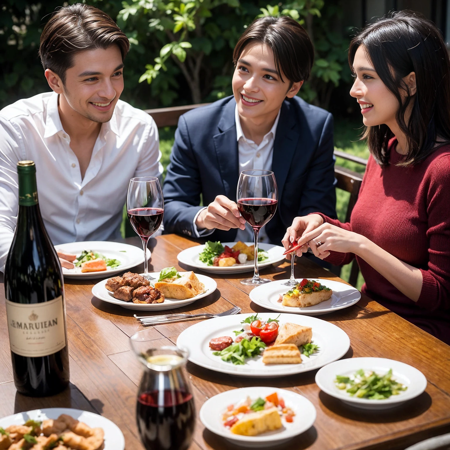 ((Highest quality、8K、masterpiece:1.3))、 (Ultra-realistic、 Genuine、Bright image、Intricate details:1.2), 最高のsmile、1 male 1 female、Beautiful couple、love love love、lover、spouse、Good friends、actress couple、smile、Full-course dinner at a packed table、 (Slim face), (the body is slim), (Brown Hair), (short hair), テーブルのwine glass、Please shine a light on my face、 Amazing view of the sunset sky and clouds、 39 years old, red wine 、Appetizers、Wine bottle、sparkling wine、Long sleeve shirt、dress、White wine, red wine, wine glass, 