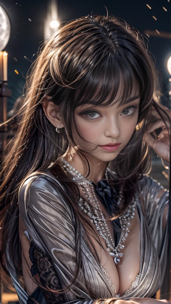 (32k:1.5, Highest quality, masterpiece, Ultra-high resolution), Perfect dynamic composition, Professional camera work:1.6, Very detailedな肌と顔の質感:1.3, Mysterious portrait:1.2, Very accurate, Very detailed, One Girl, ((Night view from the rooftop, The moonlight at night illuminates my body)), (Black Satin Nightgown), Incredibly slim body, Very beautiful face, (Big eyes that exude beautiful eroticism:0.9, A dreamy look:1.0, I love you with all my heart:0.8, Please open your mouth a little, lipstick, Feel the beautiful eroticism:0.7), (Wet dark brown medium length hair), Candles, The chest is medium, Earrings, necklace, bracelet, Tilt, get up, ((attractive, Hair blowing in the wind))
