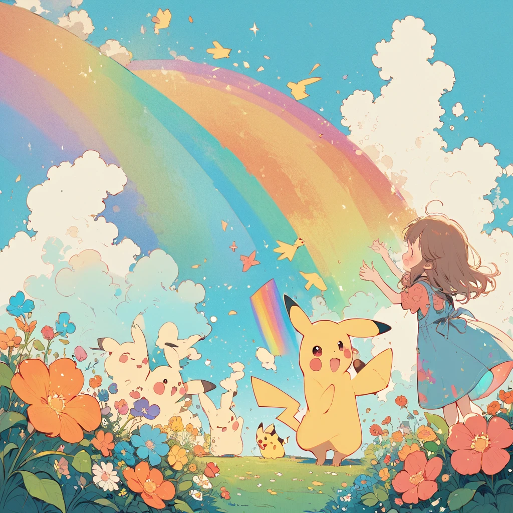 cute scene featuring Pikachu interacting with a rainbow. Use a bright and cheerful color palette with soft, painterly strokes. Pikachu should be standing joyfully at the end of a vibrant rainbow, surrounded by a field of blooming flowers and a clear blue sky. Include elements like fluffy white clouds and sun rays shining down to create a whimsical and enchanting atmosphere. The overall vibe should be warm and heartwarming, capturing the playful and magical essence of Pikachu and the rainbow.